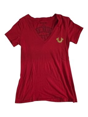 True Religion Women's Red V-Neck Tee with Gold Logo